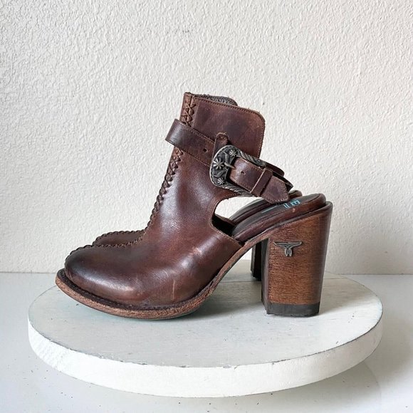 Lane Hailey Halfsie Western Bootie Sz 7.5 Brown Cowboy Round Toe Ankle Strap - Picture 4 of 9